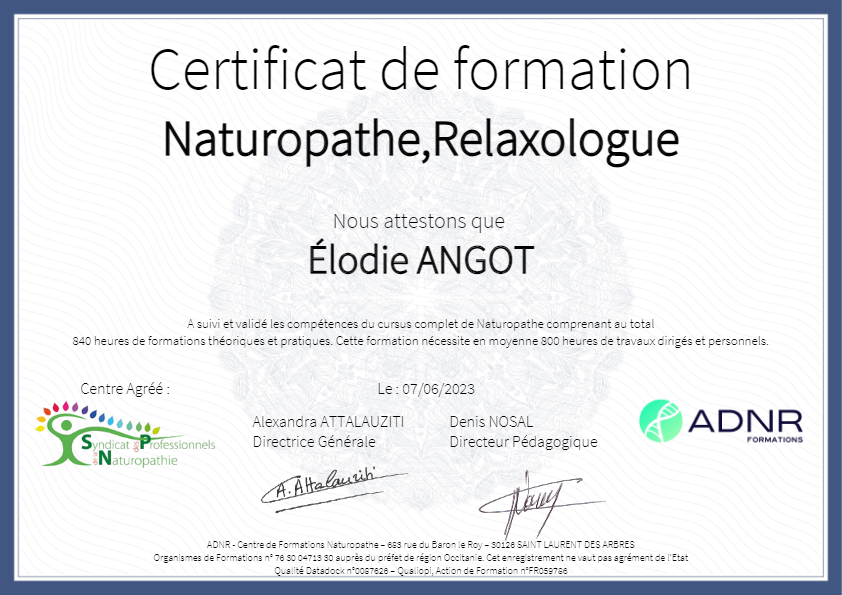 photo diplome Elodie Angot Naturopathe, réflexologie, Masso rela