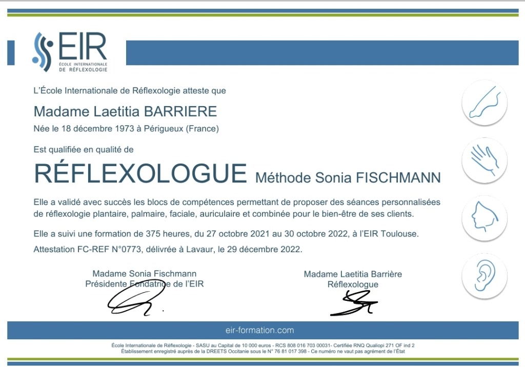 photo diplome Réflexologie Delavie