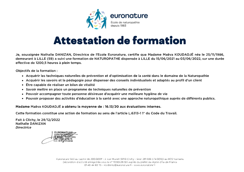 photo diplome Maëva Koudadjé - Naturopathe et Sophrologue