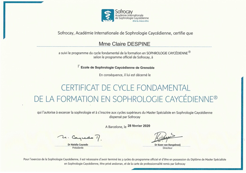 photo diplome Claire Despine Sophrologue