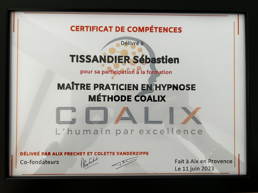 photo diplome SEBASTIEN TISSANDIER COACHING & HYPNOSE