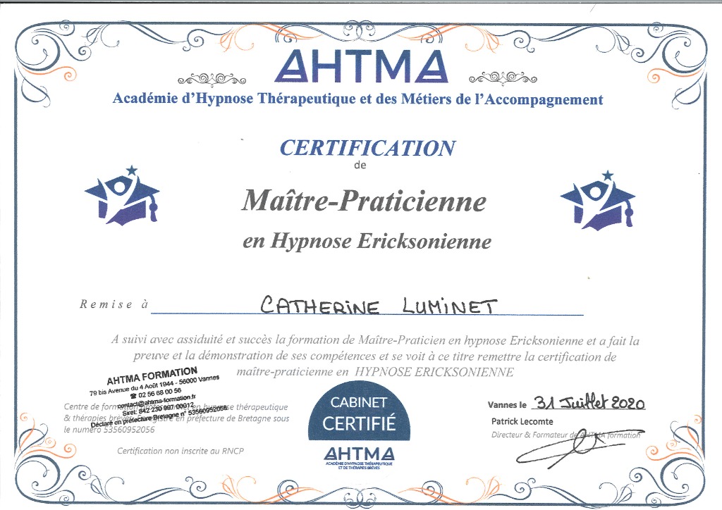 photo diplome Catherine Luminet - cabinet Keiro