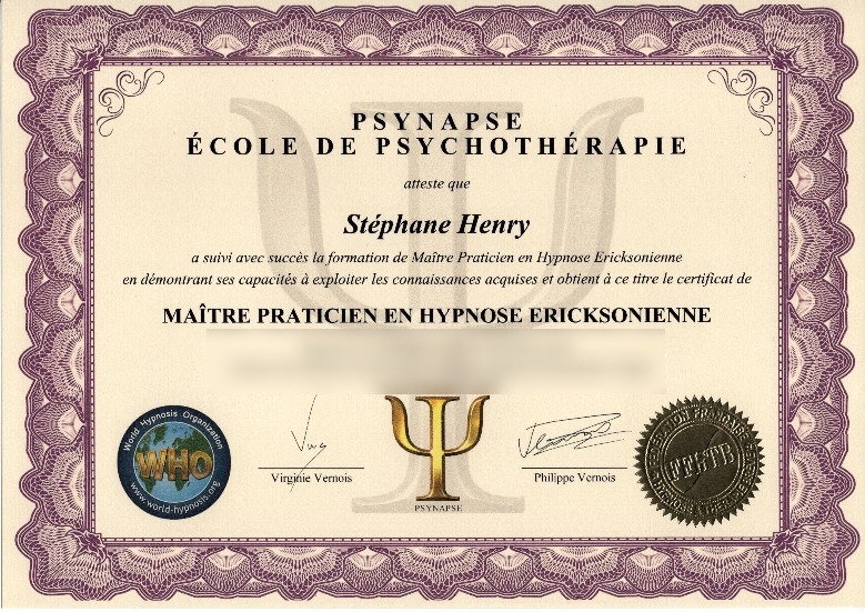photo diplome Stéphane Henry - Mon Hypnopraticien