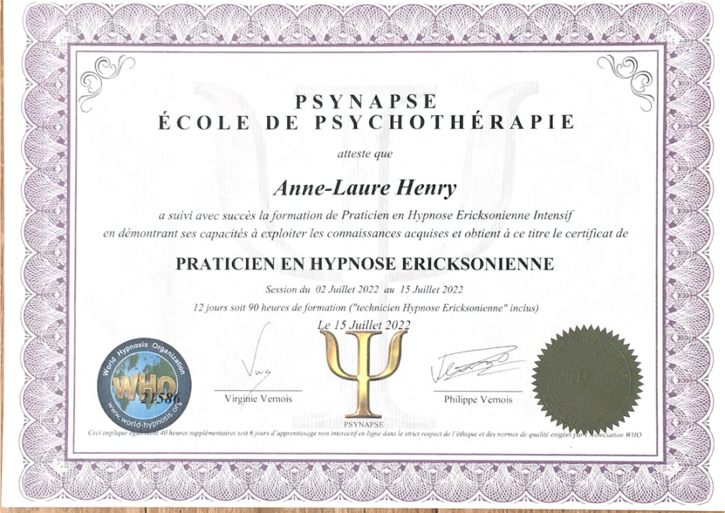photo diplome Anne-Laure Henry Thérapeute