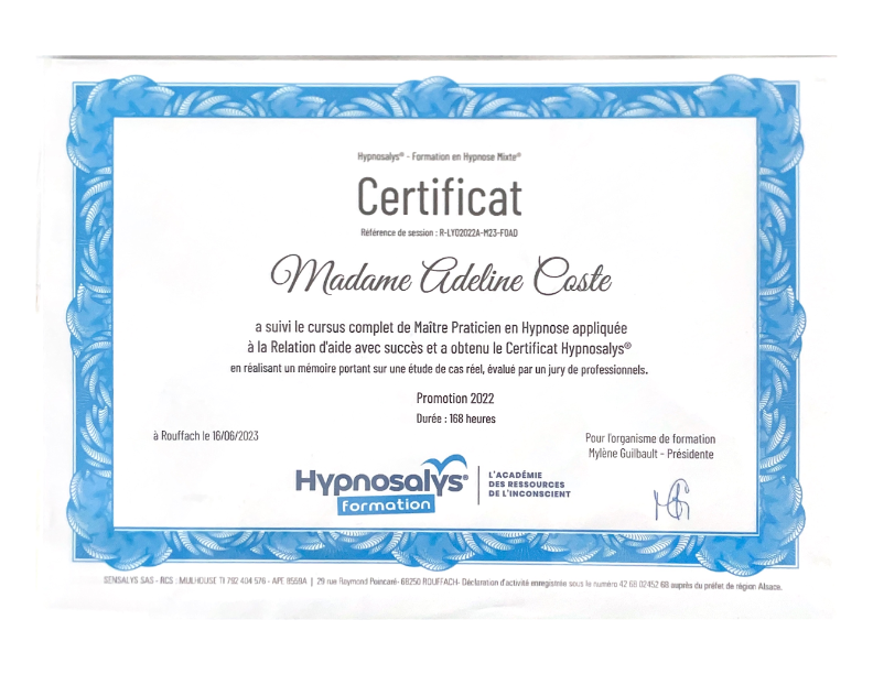 photo diplome Adeline Coste Hypnose Thérapeutique