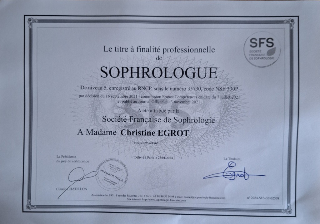 photo diplome ZEN’IN SOPHROLOGIE & MASSAGES BIEN-ETRE