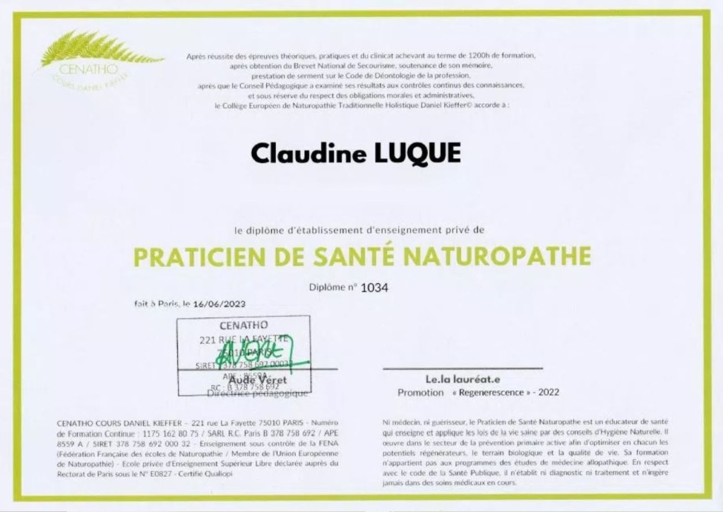 photo diplome CLAUDINE LUQUE - BYE BYE ALLERGIES  & NATUROPATHIE
