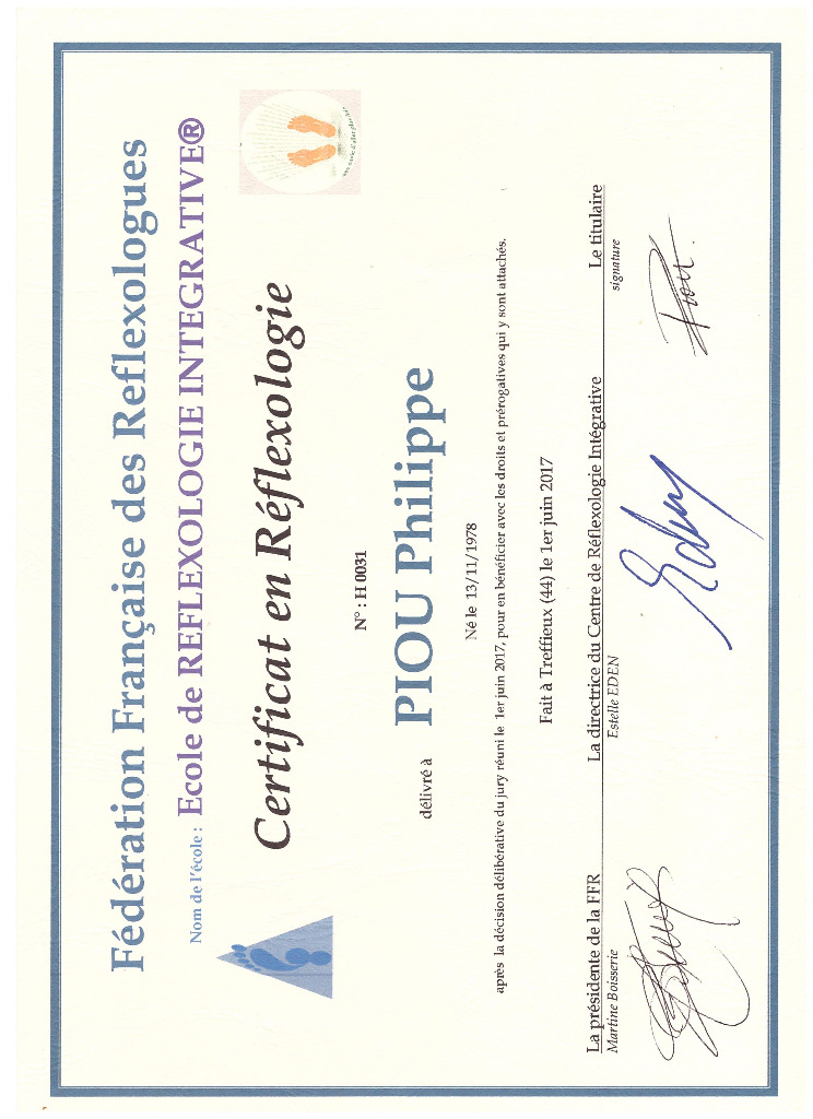 photo diplome Philippe PIOU - Réflexologue