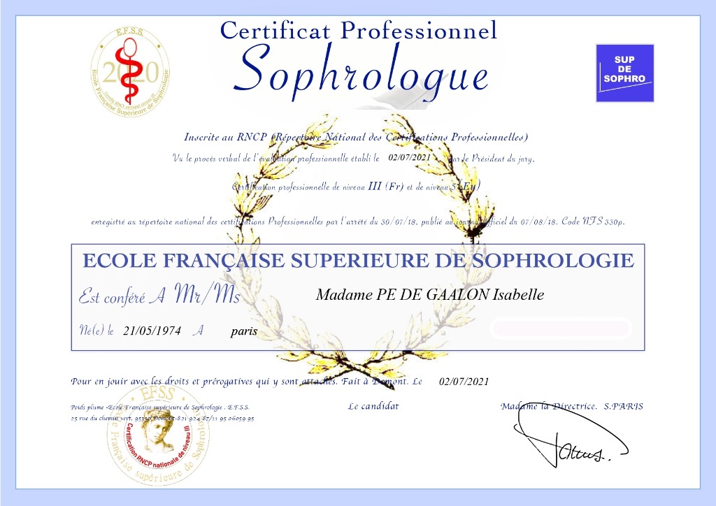 photo diplome IPG- Caen Hypnose & Sophrologie