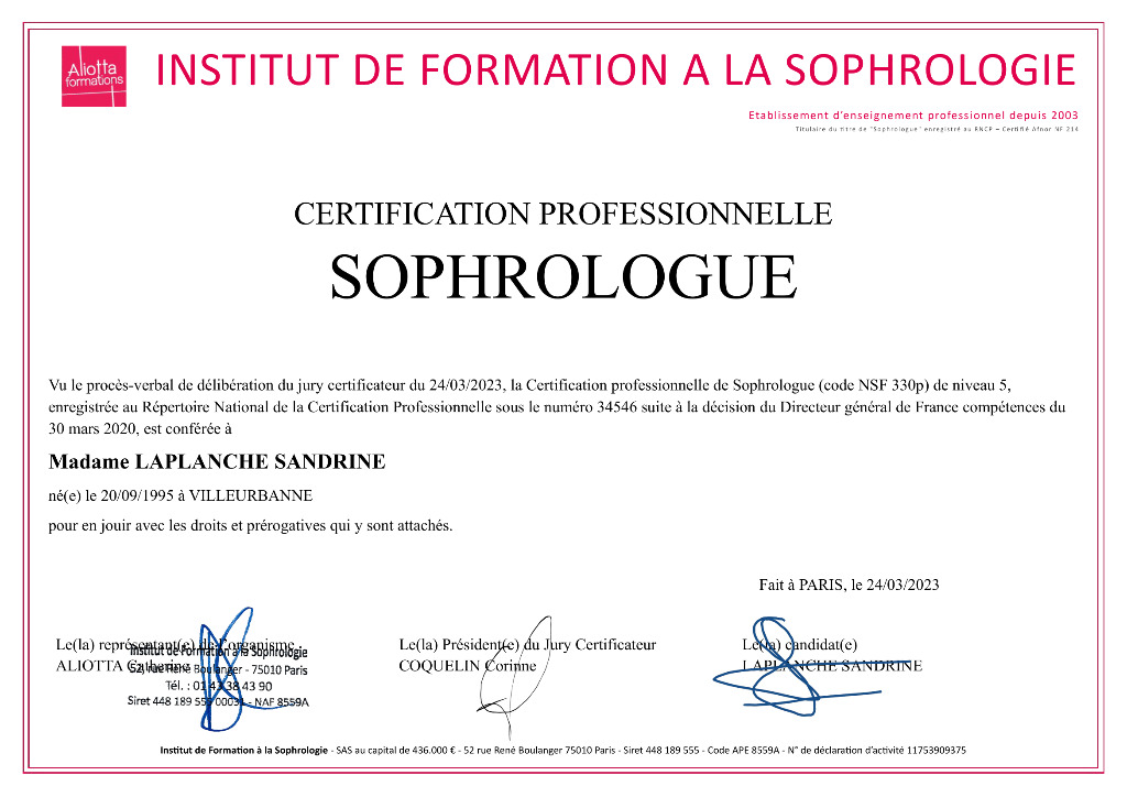 photo diplome SEL Thérapies Brèves