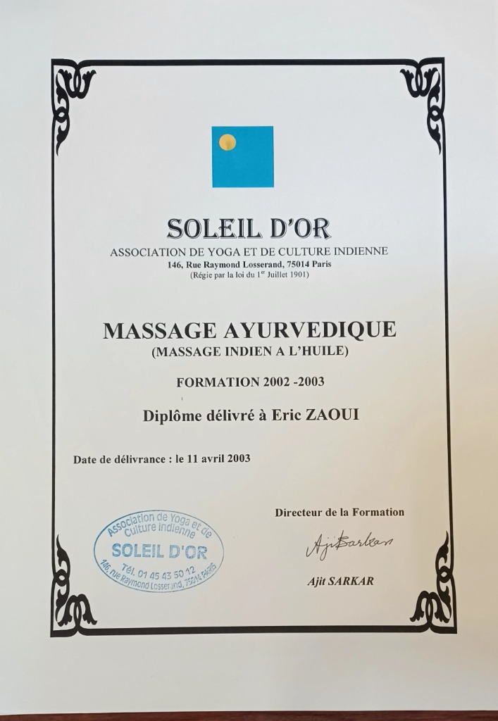 photo diplome Eric Ayurveda
