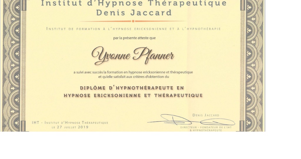 photo diplome Hypnose Consulting Pfanner Yvonne