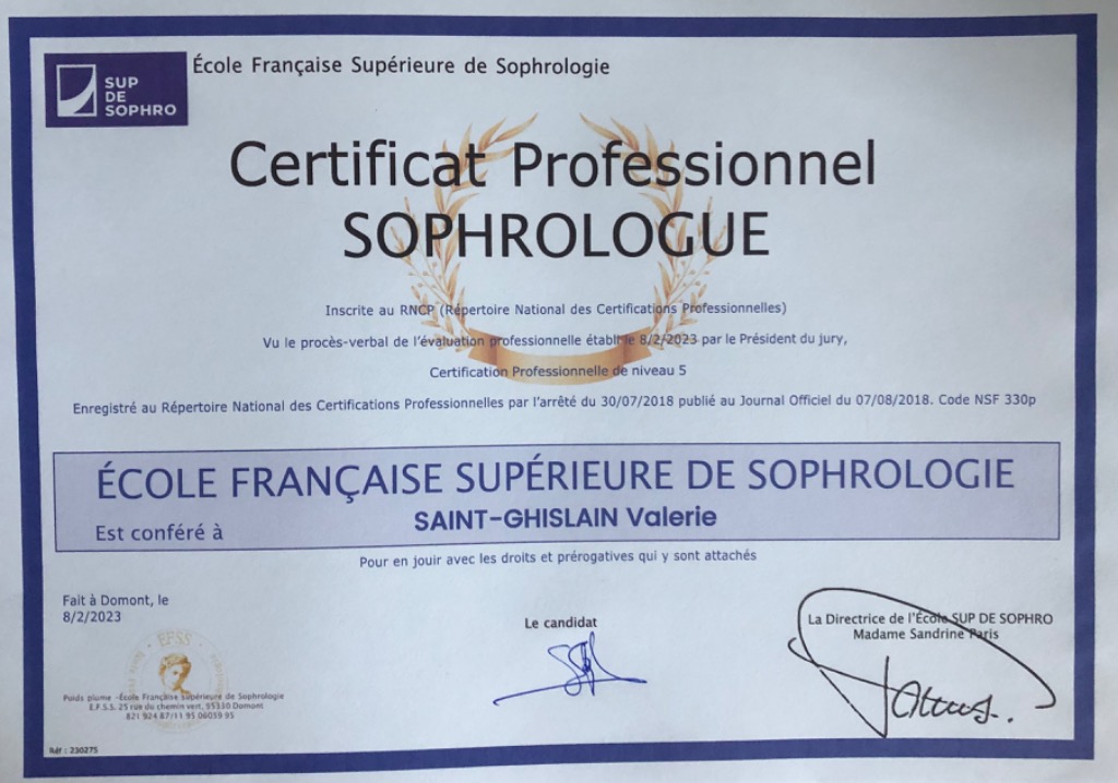 photo diplome Valérie SAINT GHISLAIN SOPHROLOGUE RNCP 