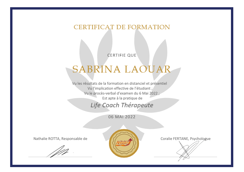 photo diplome Sabrina LAOUAR | Life Coach, Danse-thérapeute &