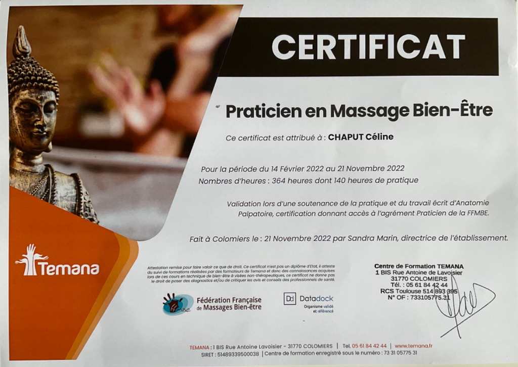 photo diplome La Saison du Massage Céline Chaput