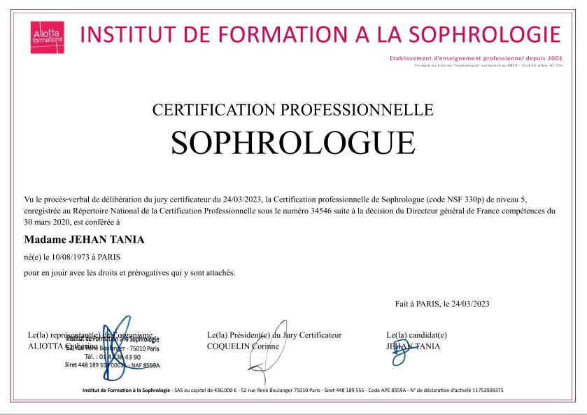 photo diplome CAP ZEN SOPHROLOGIE