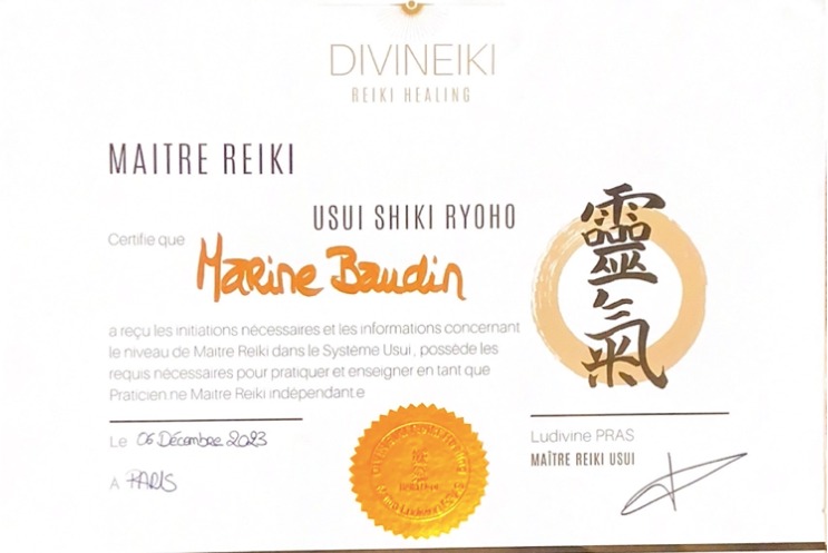 photo diplome Marine Baudin - Naturopathie & Reiki
