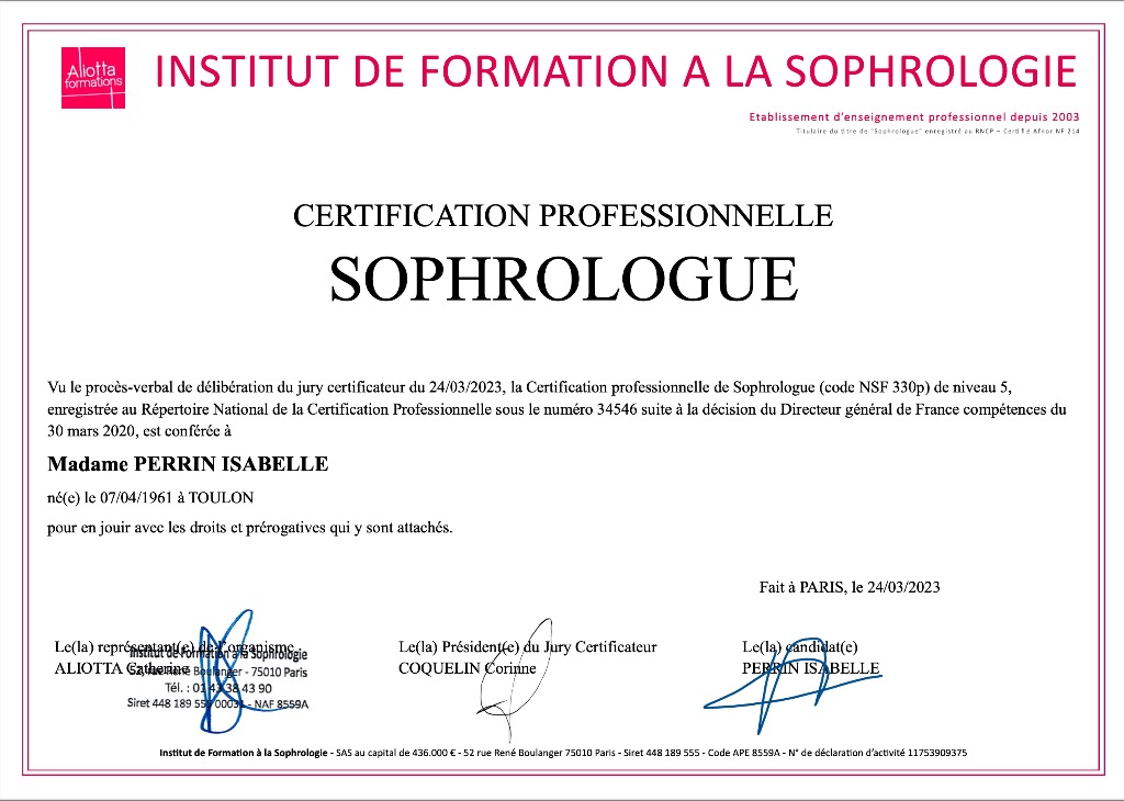 photo diplome Isabelle PERRIN Sophrologue Le Beausset 