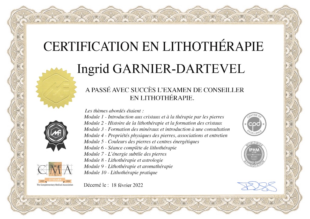 photo diplome Ingrid Garnier-Dartevel  Les soins subtils
