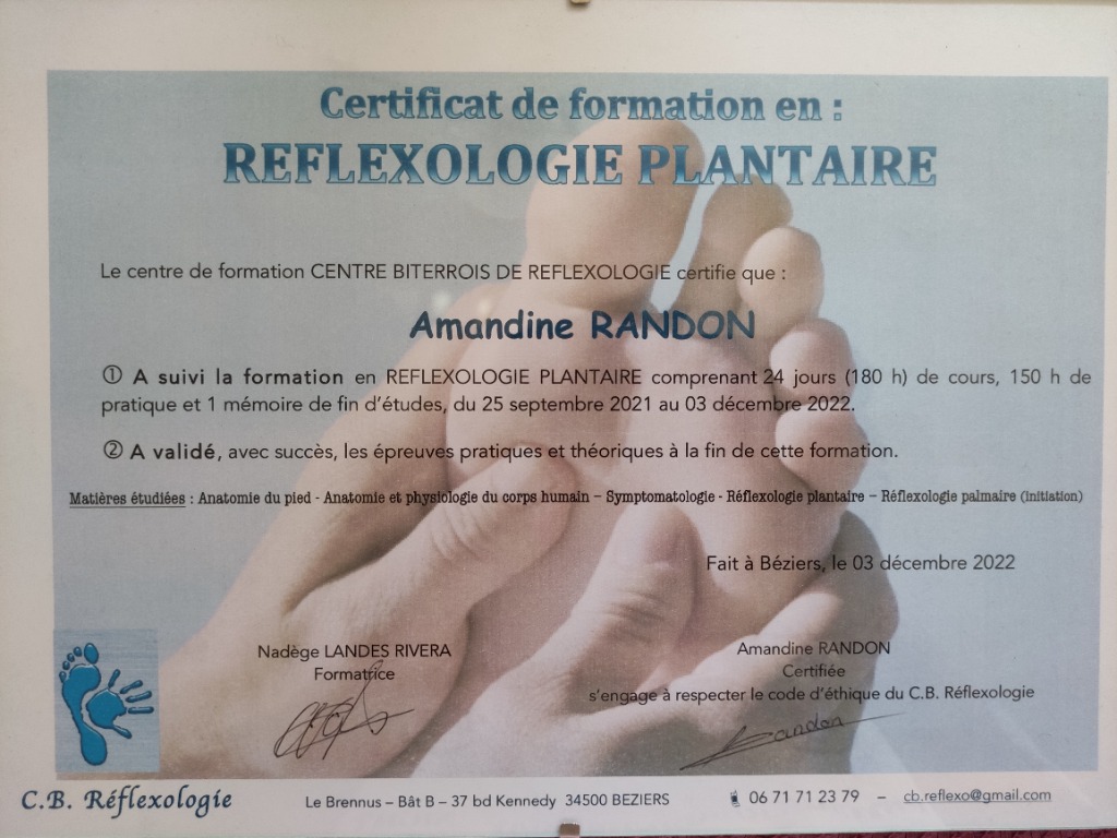 photo diplome Amandine Randon Réflexologue E.I Certifiée 
