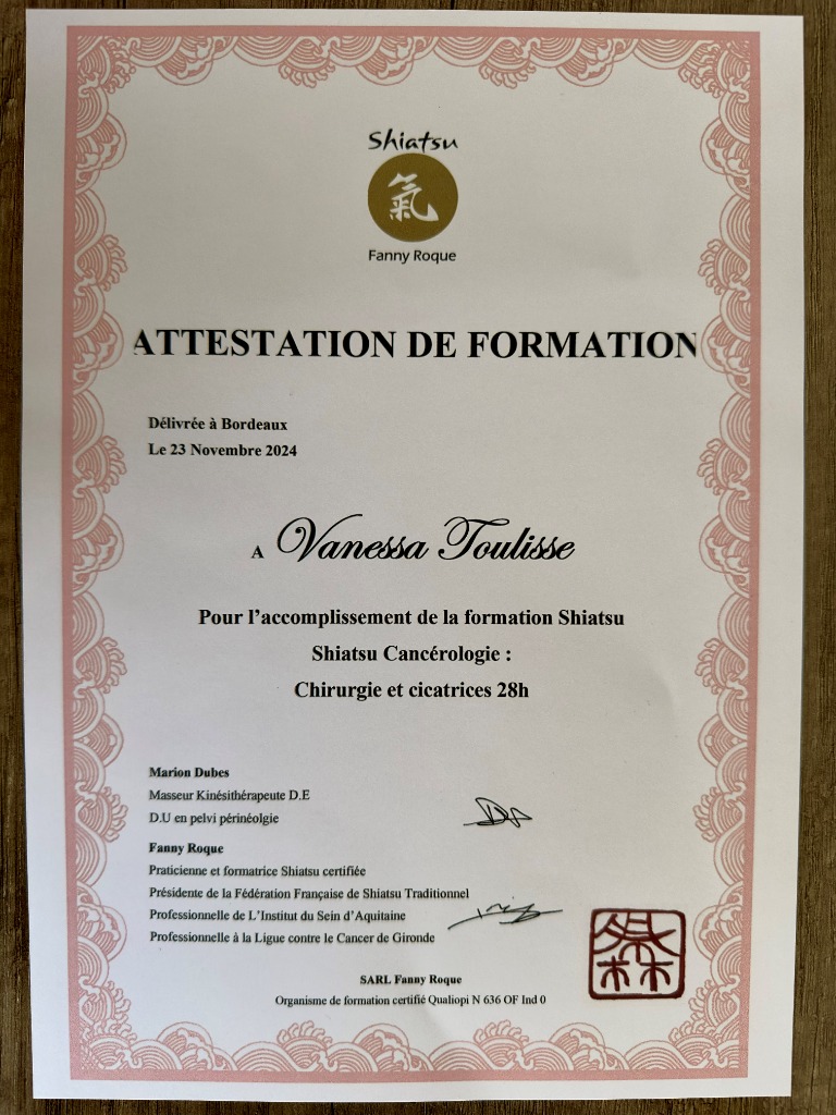photo diplome Vanessa Toulisse Shiatsu