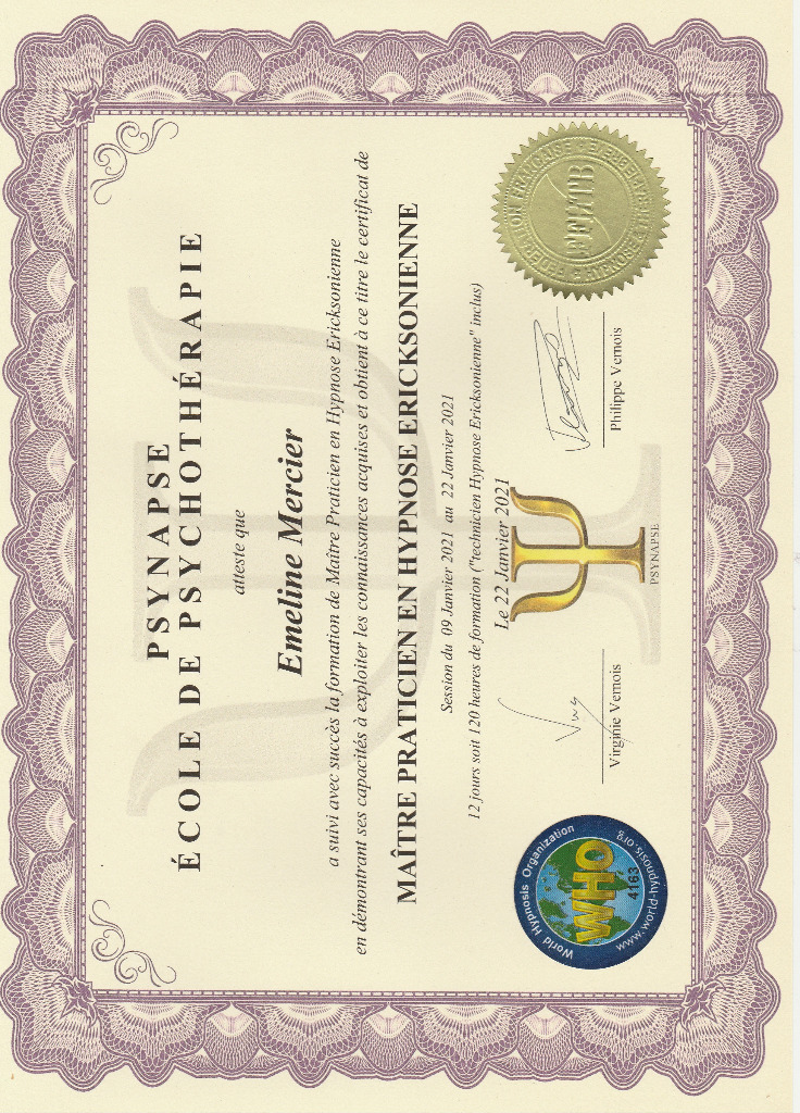 photo diplome Emeline Mercier Hypnose et Coaching PNL EI