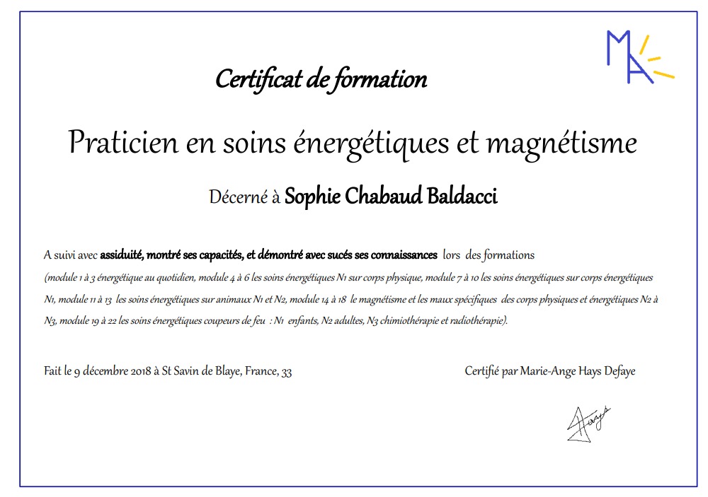 photo diplome Sophie ou Thierry CHABAUD BALDACCI