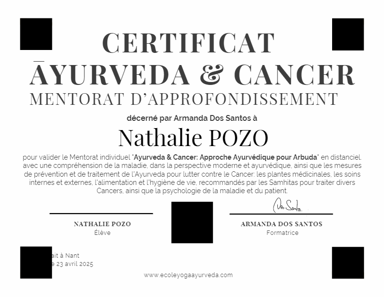 photo diplome Nathalie POZO - NATVEDA AYURVEDA