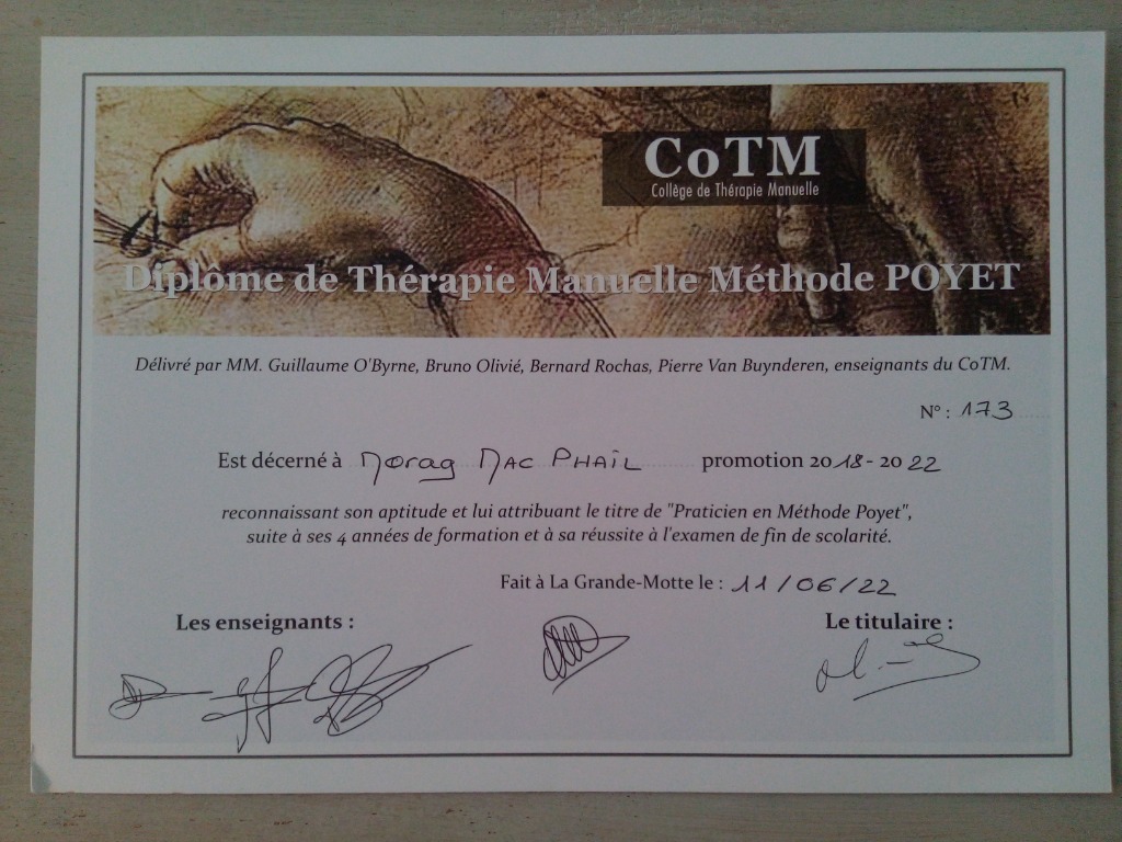 photo diplome Mac Phail Morag Thérapie Manuelle Poyet