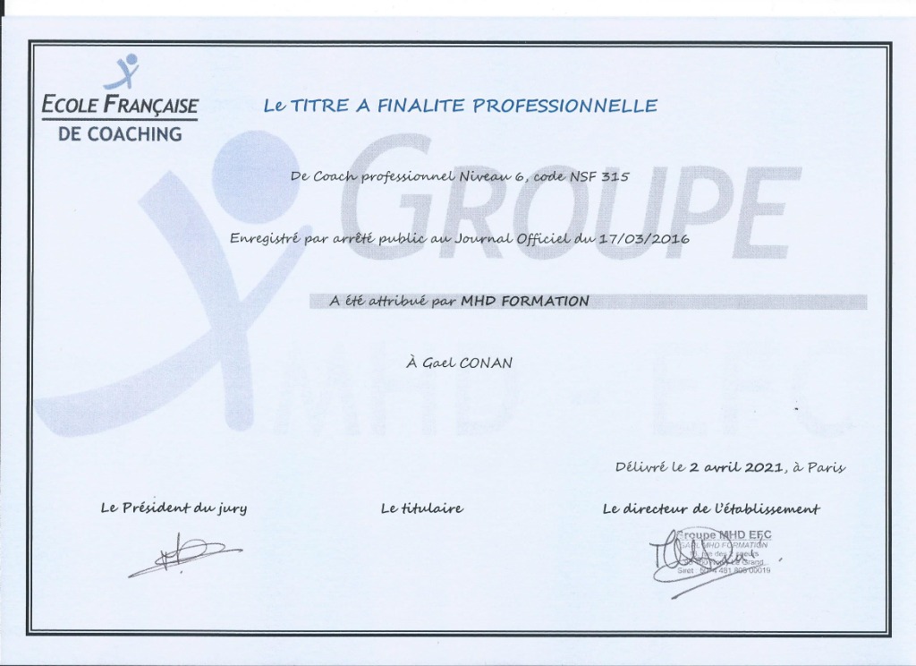 photo diplome Gaël CONAN Coaching