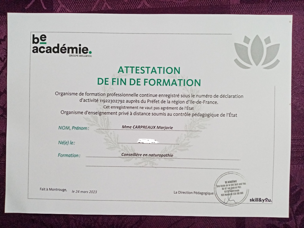 photo diplome Bien-Etre Universel