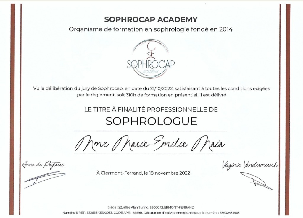 photo diplome M & Vous Sophrologie