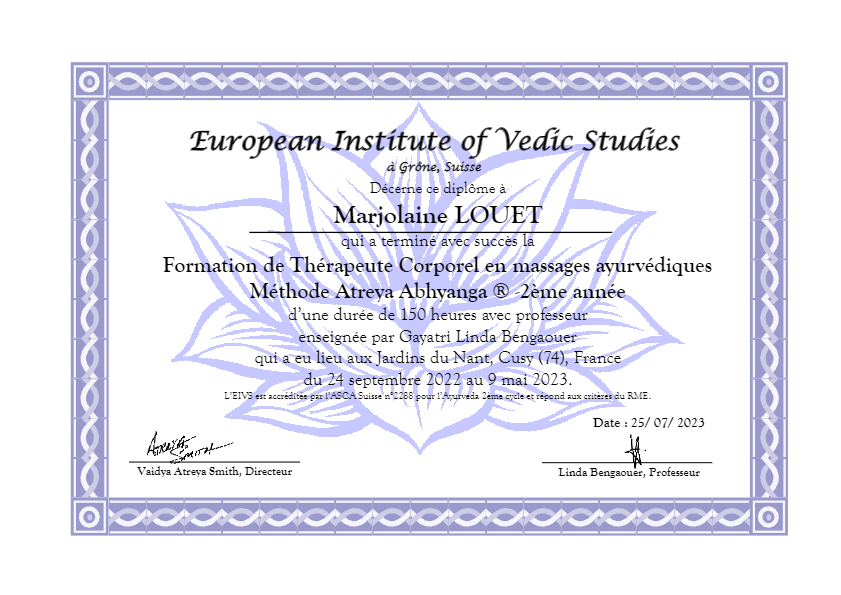 photo diplome L’hORs du temps thérapeute ayurvédique