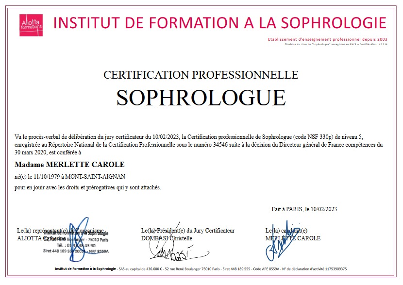 photo diplome Simply Sophro Carole MERLETTE
