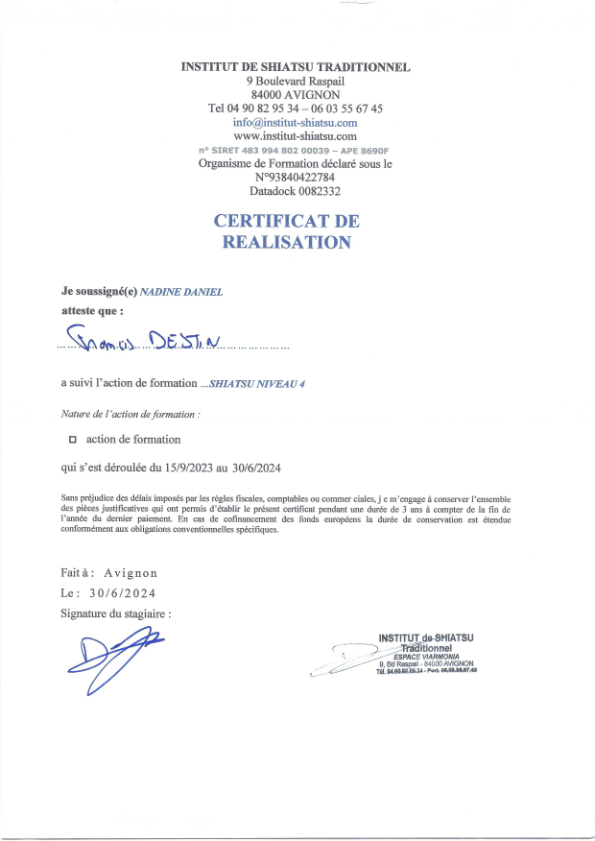 photo diplome Escale Shiatsu