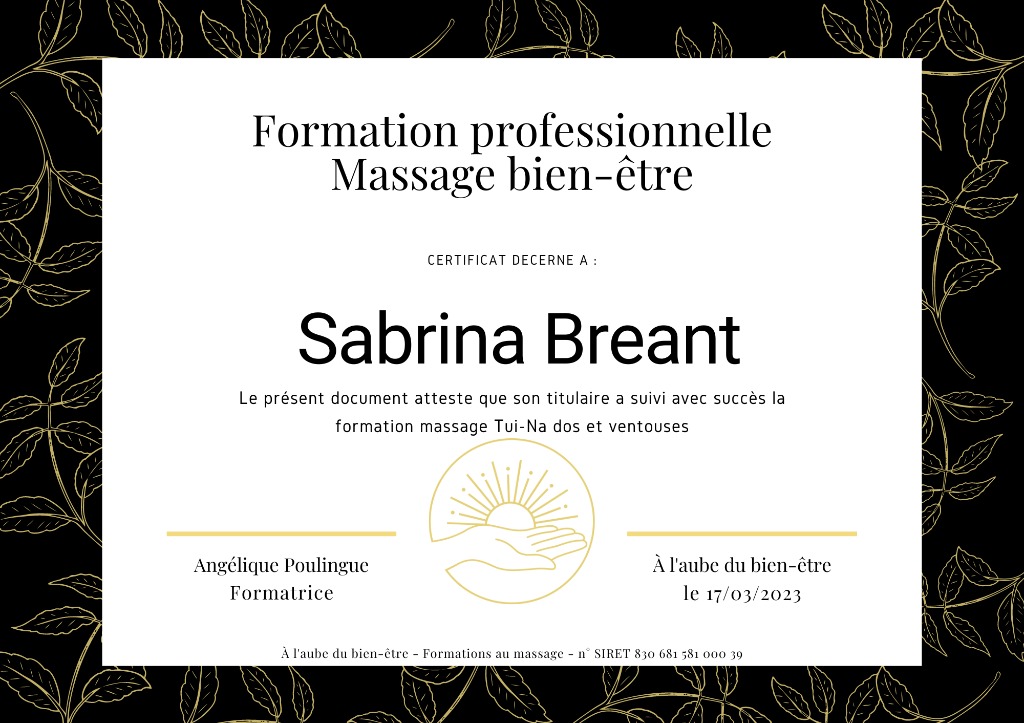 photo diplome Sabrina Massage 