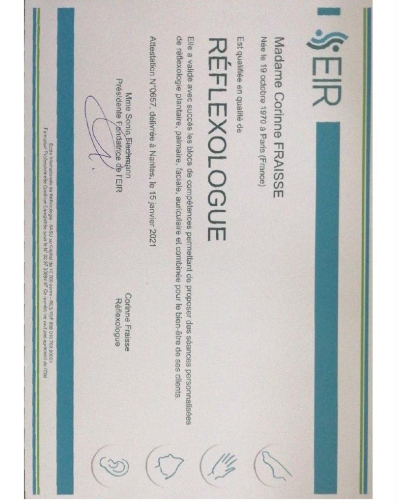 photo diplome COCOon Corinne FRAISSE Réflexologie