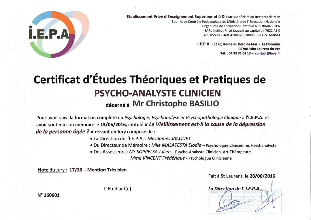 photo diplome Chris Basilio. Thérapie Enfant, Adolescent, Adulte