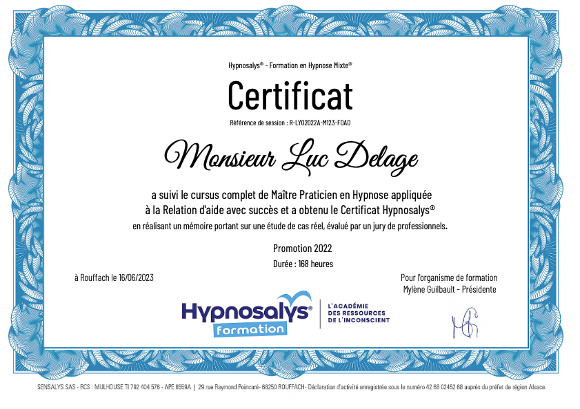 photo diplome New life Hypnothérapie