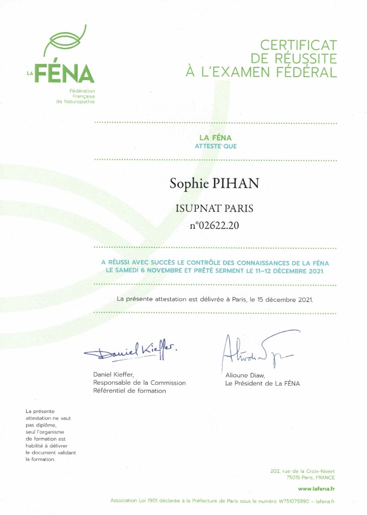 photo diplome Sophie Pihan - Naturopathie et Massages
