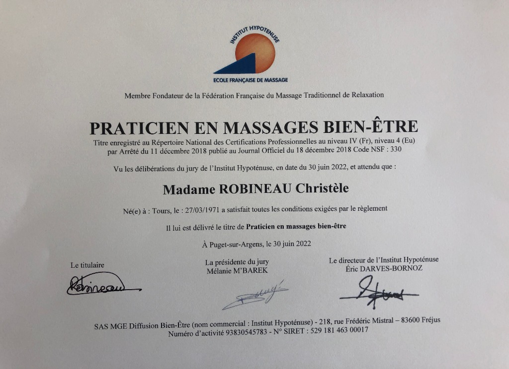 photo diplome Revivessence massages de bien-être