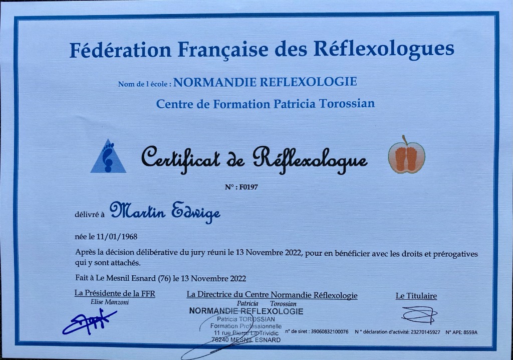 photo diplome Edwige Réflexologue Energéticienne