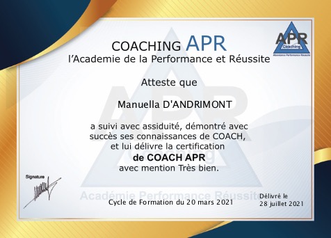 photo diplome Manuelladandrimontcoachdevie