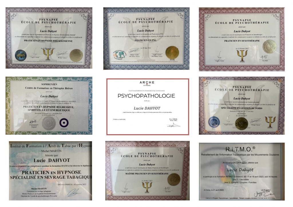 photo diplome Lucie DAHYOT - Hypnothérapeute et Sexologue