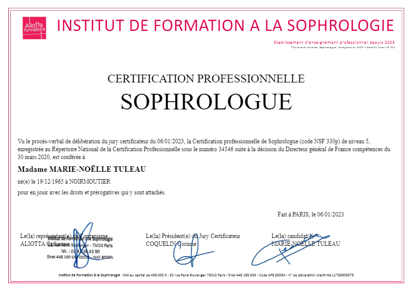 photo diplome Marie-Noëlle Tuleau/La Sophrologie de Perrette