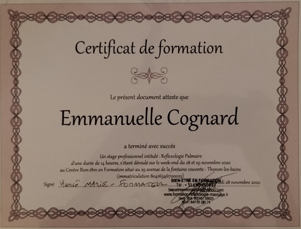 photo diplome Réflexologie, Détente & Bien-Être