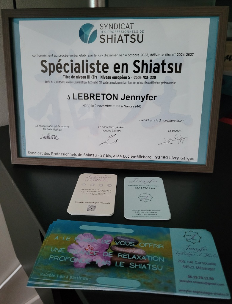 photo diplome Jennyfer Sophrologie et Shiatsu