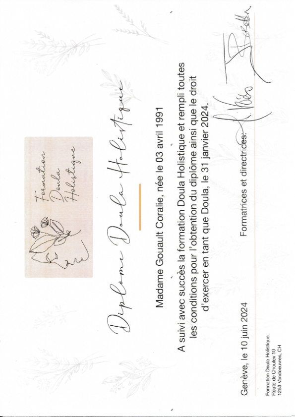 photo diplome Doulâmes, GOUAULT Coralie, EI