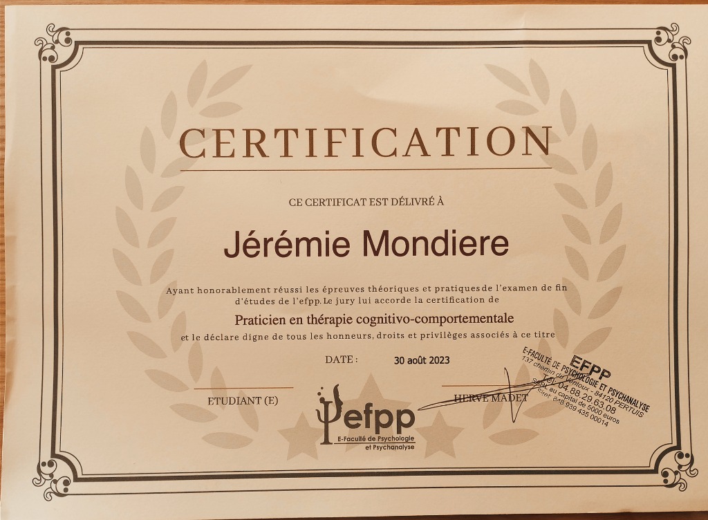 photo diplome Jérémie MONDIERE (Psychopraticien certifié en TCC)