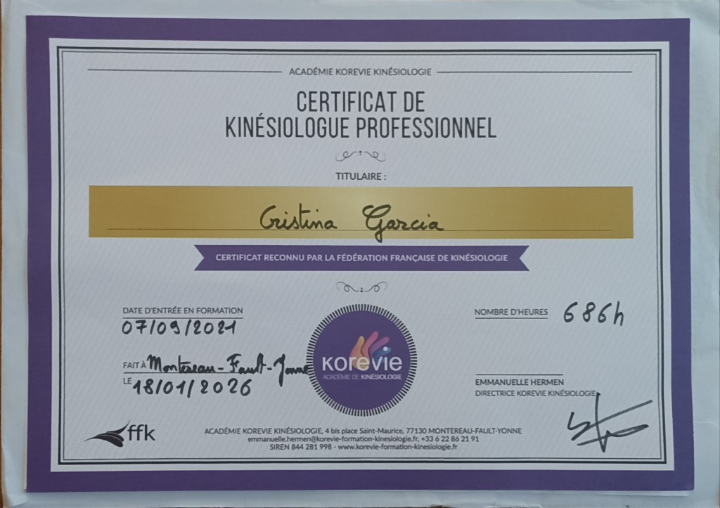 photo diplome Cristina Garcia Hinojo - Kinésiologue - Massage
